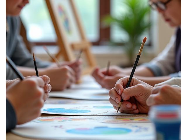 アートクラスで絵を描く居住者