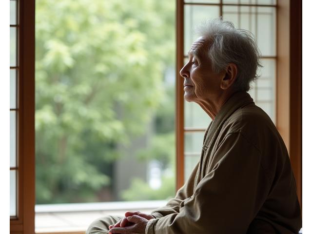 高齢者が静かに瞑想している様子、または庭で穏やかな時間を過ごしている様子