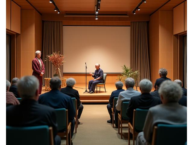 週末の娯楽室で、著名人がステージで歌や演奏を披露し、入居者が楽しんでいる様子。